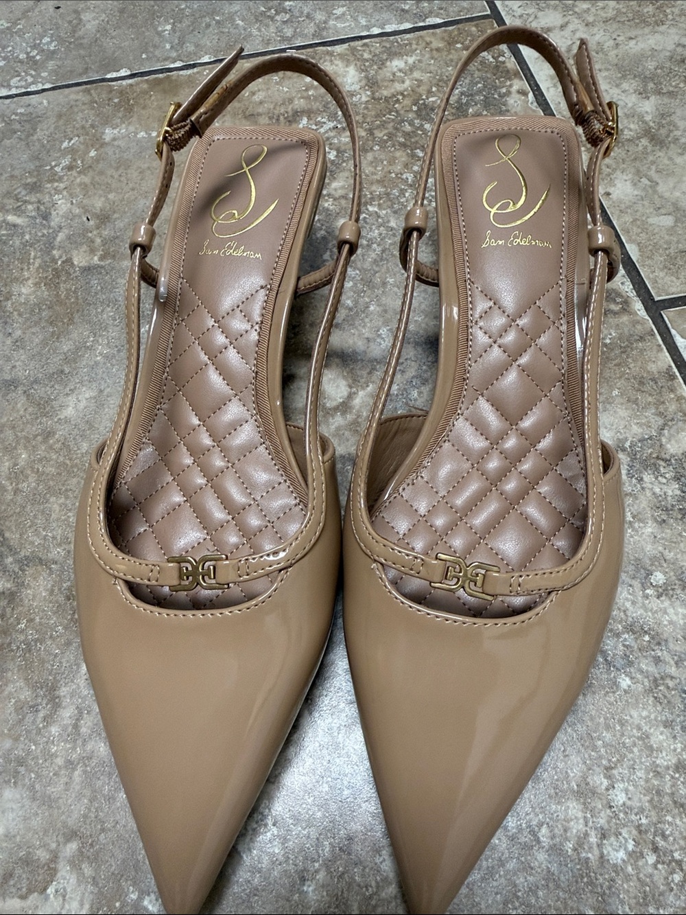 Sam Edelman “Toni” in Golden Sand Patent Pointed Slingback Kitten Heels